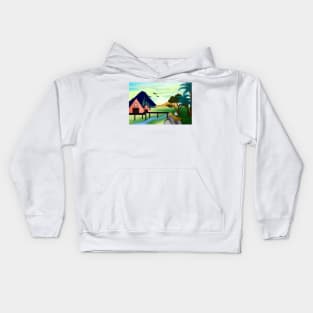 Colorful panoramic eco landscape with small house placed in secluded valley land with mountains and blue sky Kids Hoodie